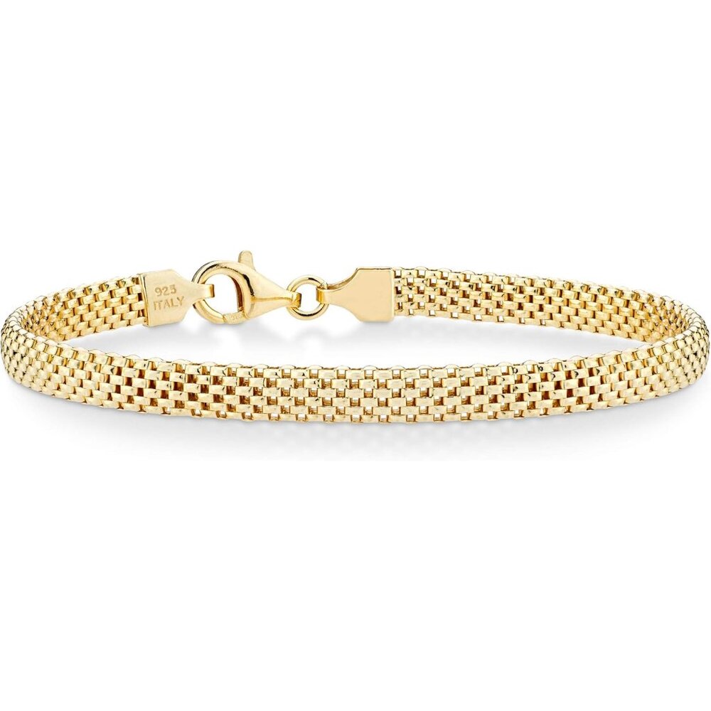 18K Gold Plated 925 Sterling Silver Italian 5mm Mesh Link Chain Bracelet for Wom